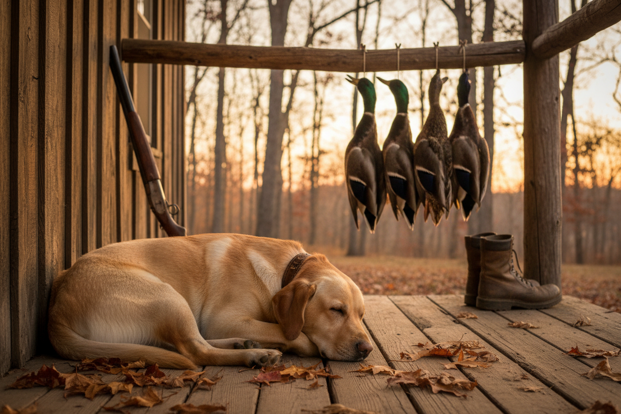 Yellow Labrador asleep on an old wooden cabin porch with string of mallard ducks in background. afternoon in late fall